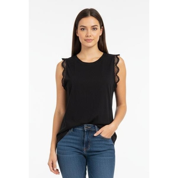 INC International Concepts Deep Black Lace Trim Sleeveless Top Size Large - Picture 1 of 7
